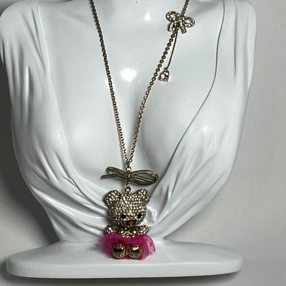 Betsey Johnson Crystal Teddy Bear ballerina gold magenta Pendant Necklace 28" - Picture 1 of 7